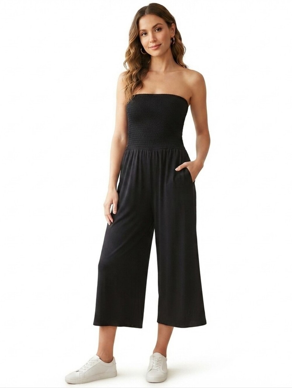BOBI Tube Top Strapless Wide Leg Jersey Knit Romper In Black Size M